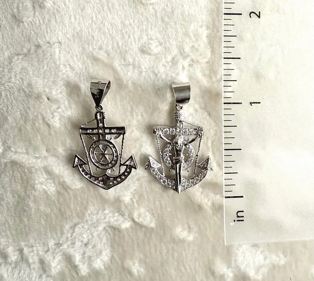 Small Sterling Silver Anchor Crucifix Pendant 1 1/4" - Jesus Cross Cubic Zirconia Charm