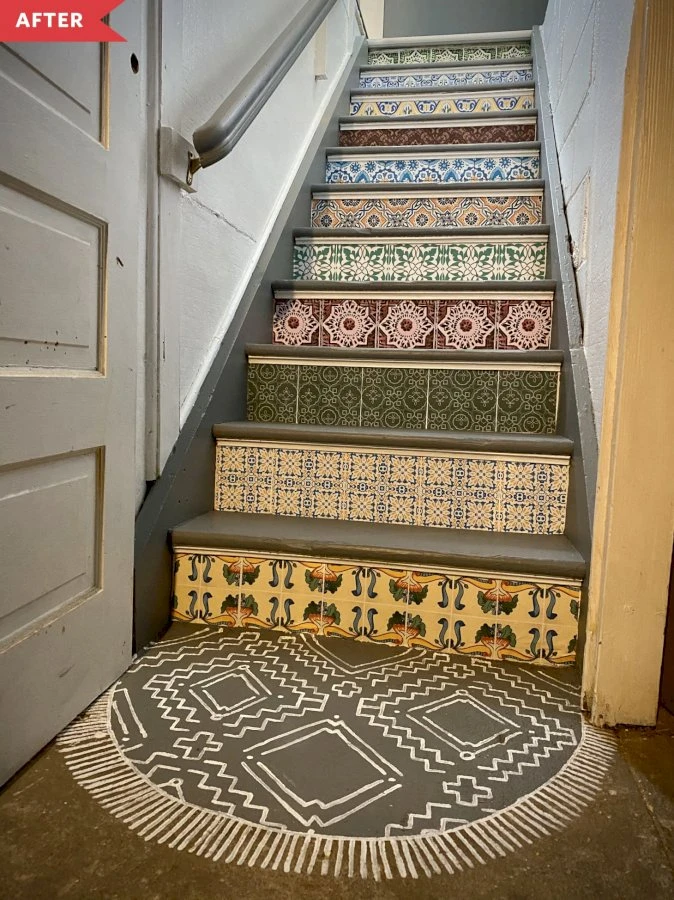 Before and After: A $0 Hack Gives These Sad Stairs a Colorful Boho Upgrade