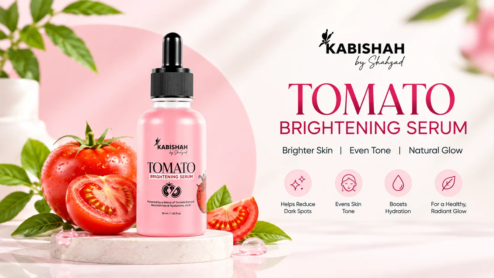Tomato Brightening Serum for Dark Spots, Acne Marks and Glowing Skin - Kabishah