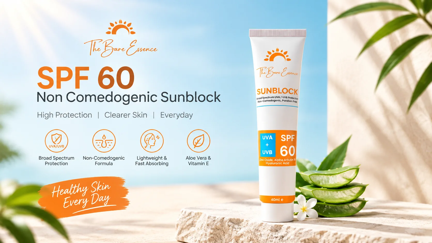 SPF 60 Sunblock for Daily UVA & UVB Protection - The Bare Essence
