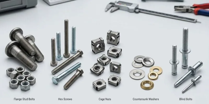 Engineered Fastening Solutions: Flange Stud Bolts, Hex Screws, Cage Nuts for Industrial Use.
