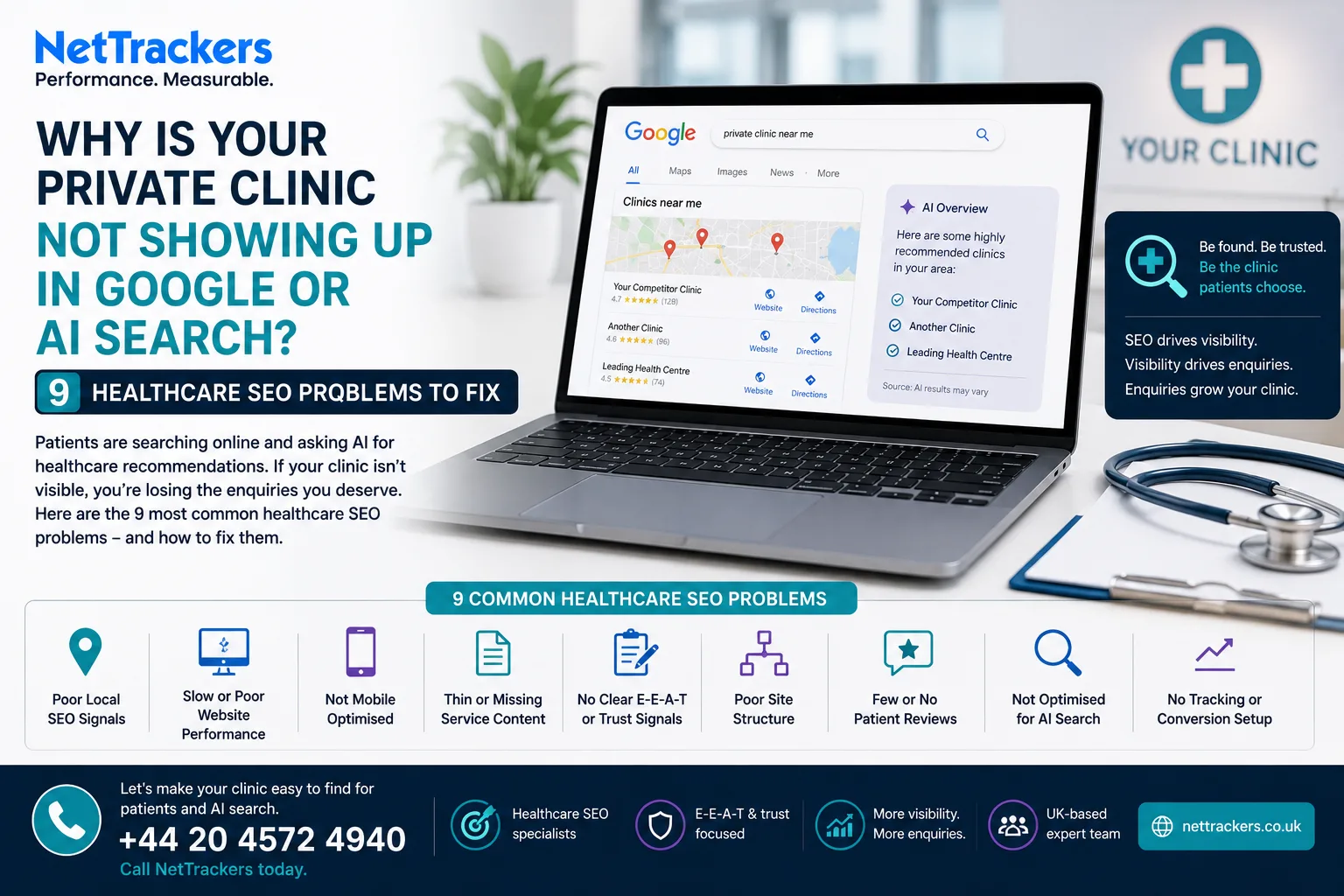 Why Is Your Private Clinic Not Showing Up in Google or AI Search? 9 Healthcare SEO Problems to Fix