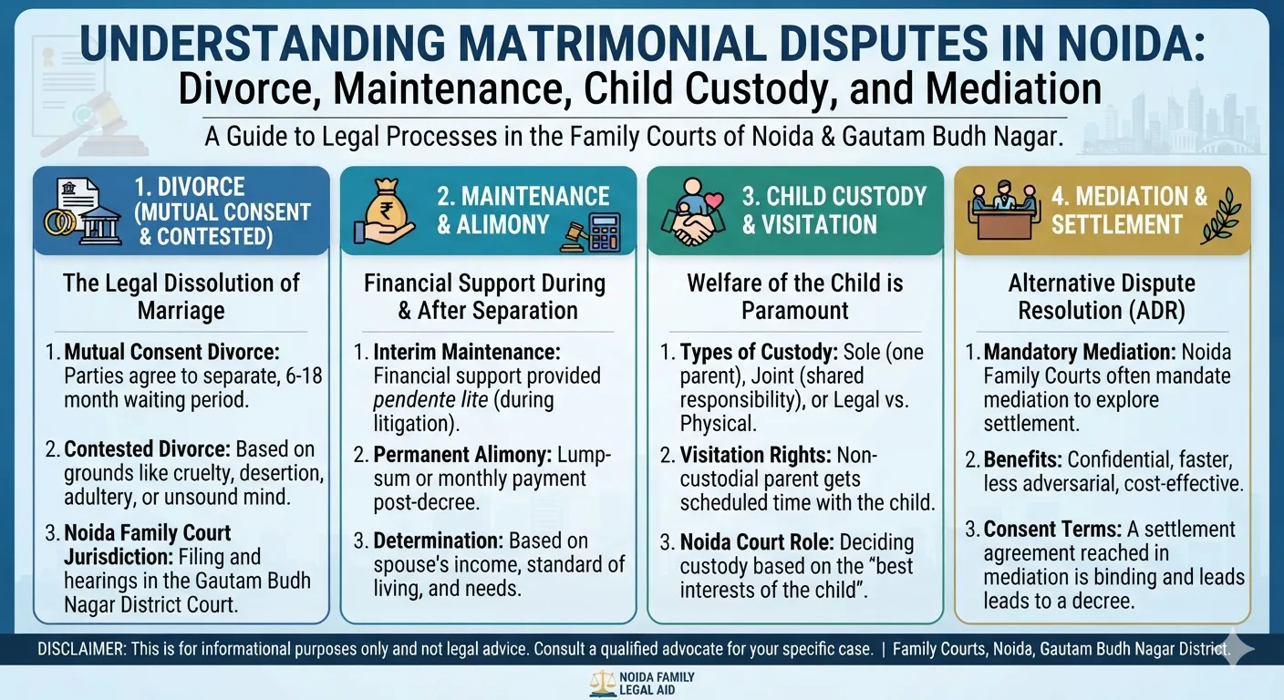 Understanding Matrimonial Disputes in Noida: Divorce, Maintenance, Child Custody and Mediation