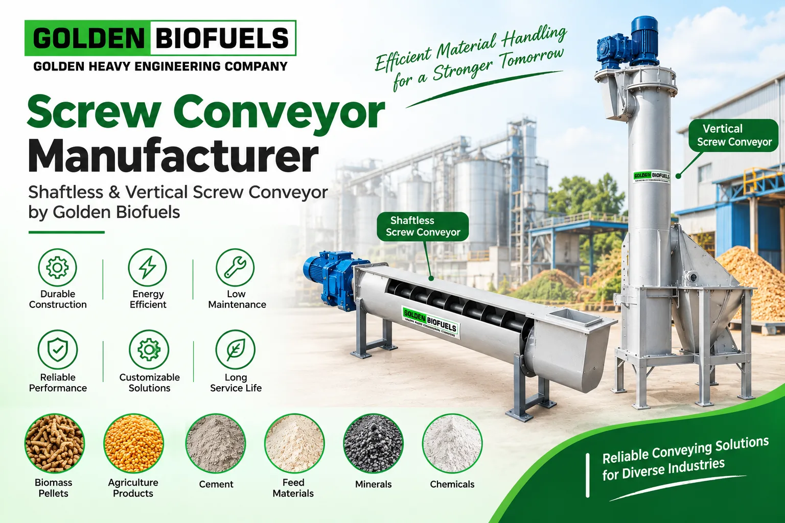 Screw Conveyor Manufacturer | Shaftless & Vertical Screw Conveyor by Golden Biofuels
