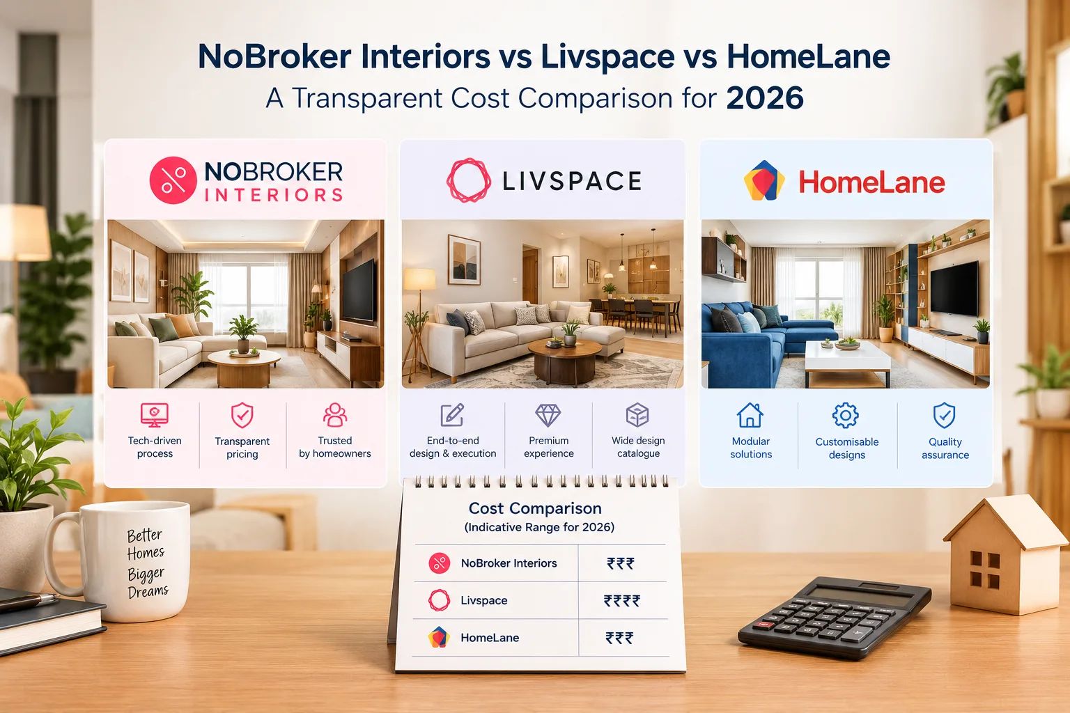 NoBroker Interiors vs Livspace vs HomeLane: A Transparent Cost Comparison for 2026