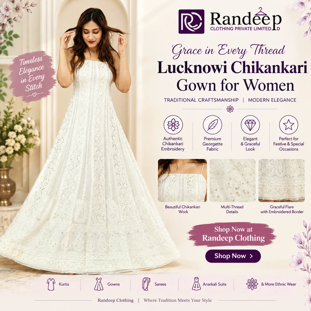 Randeep Clothing: Buy Lucknowi Chikankari Kurtis, Gowns, Sarees & Ethnic Wear Online