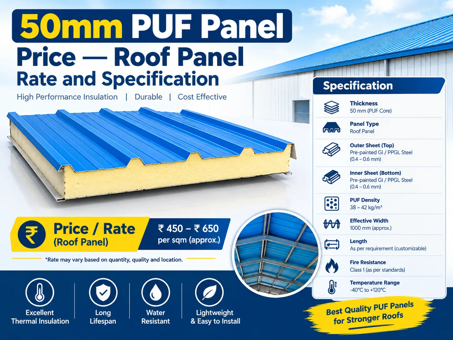 50mm PUF Panel Price — Roof Panel Rate and Specification