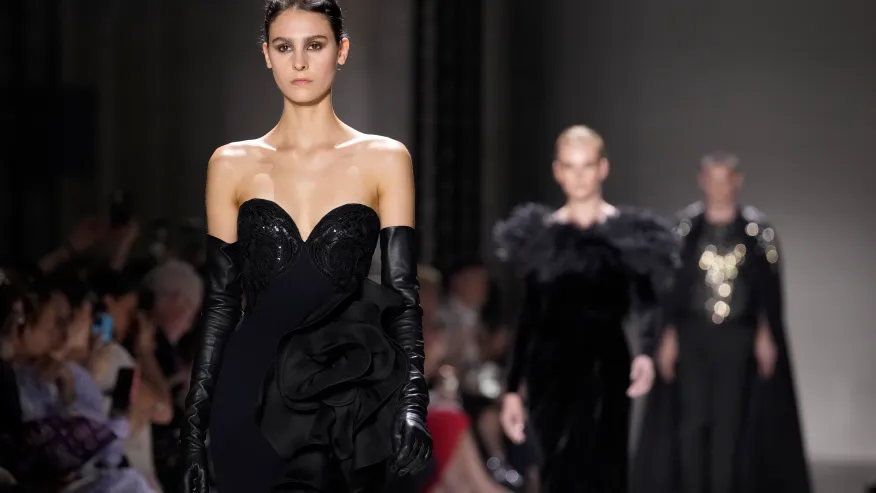 Elie Saab’s classic fall couture has foliage, shimmer — and capes for men