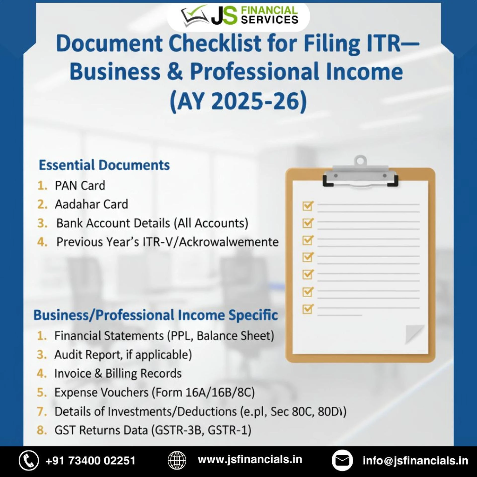 Draft: My PosDocument Checklist for Filing ITR—Business & Professional Income (AY 2025–26)t Title
