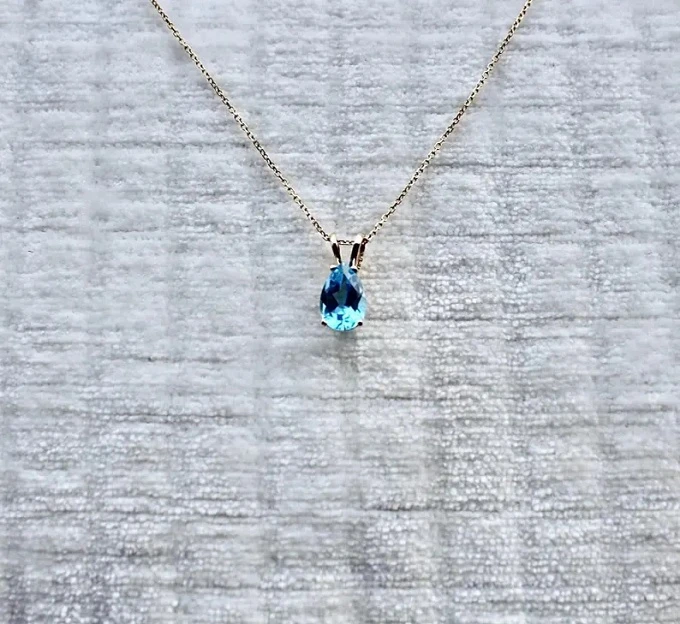 14K Gold Blue Topaz Teardrop Necklace – December Birthstone Pendant with Optional Chain