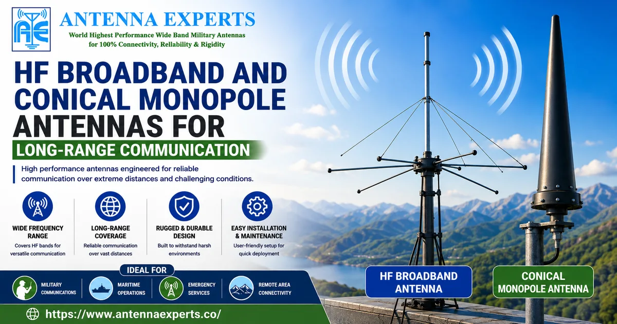HF Broadband and Conical Monopole Antennas for Long-Range Communication