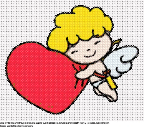 Diseño de punto de cruz Pequeño Cupido abrazando un corazón gratis