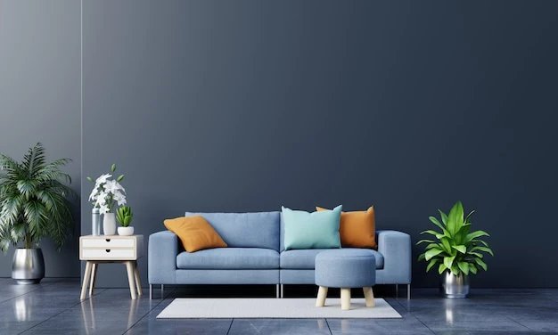 Photo modern living room interior with sofa and green plants,lamp,table on dark wall background.