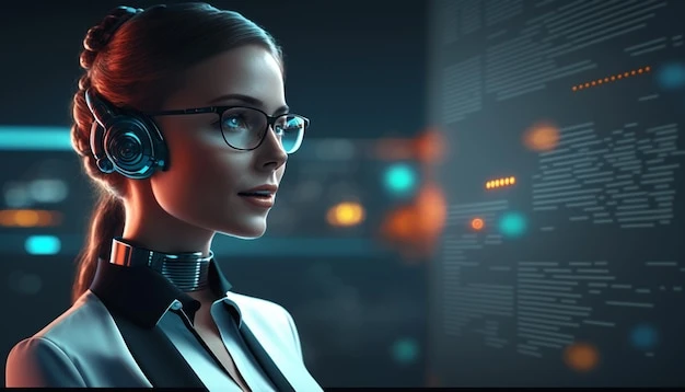 A woman wearing a pair of headphones stands in front of a computer screen.