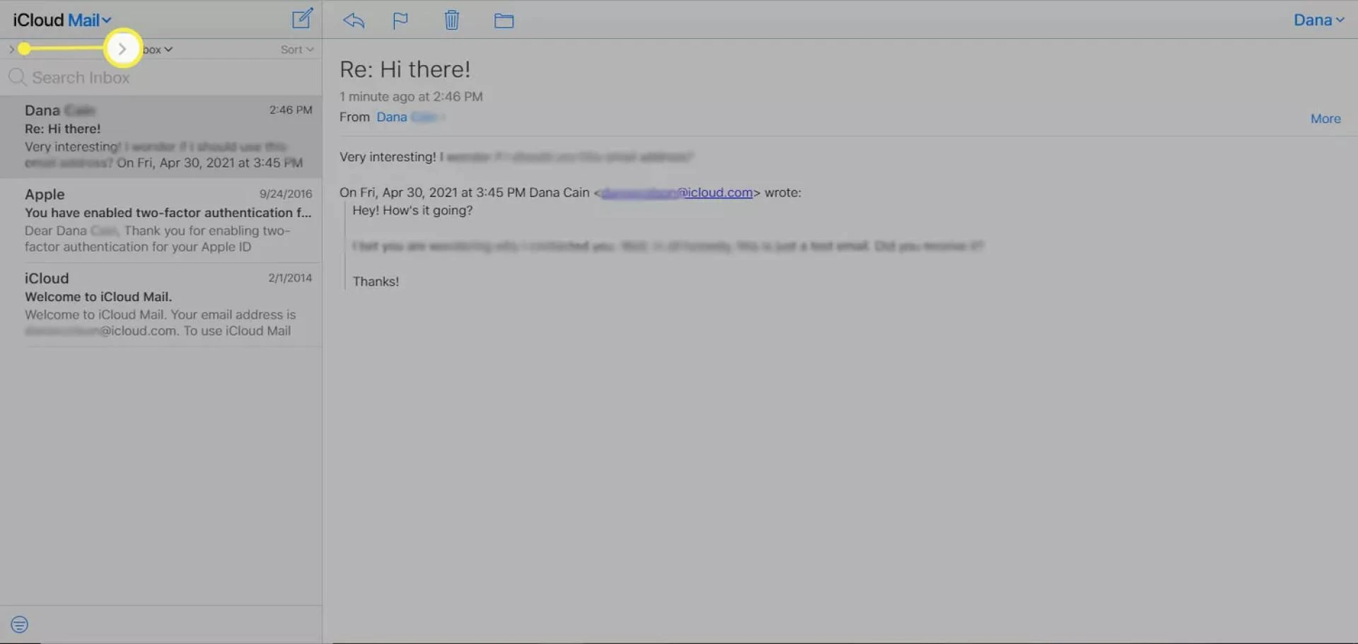 Selecting the right arrow in the upper-left corner of iCloud Mail