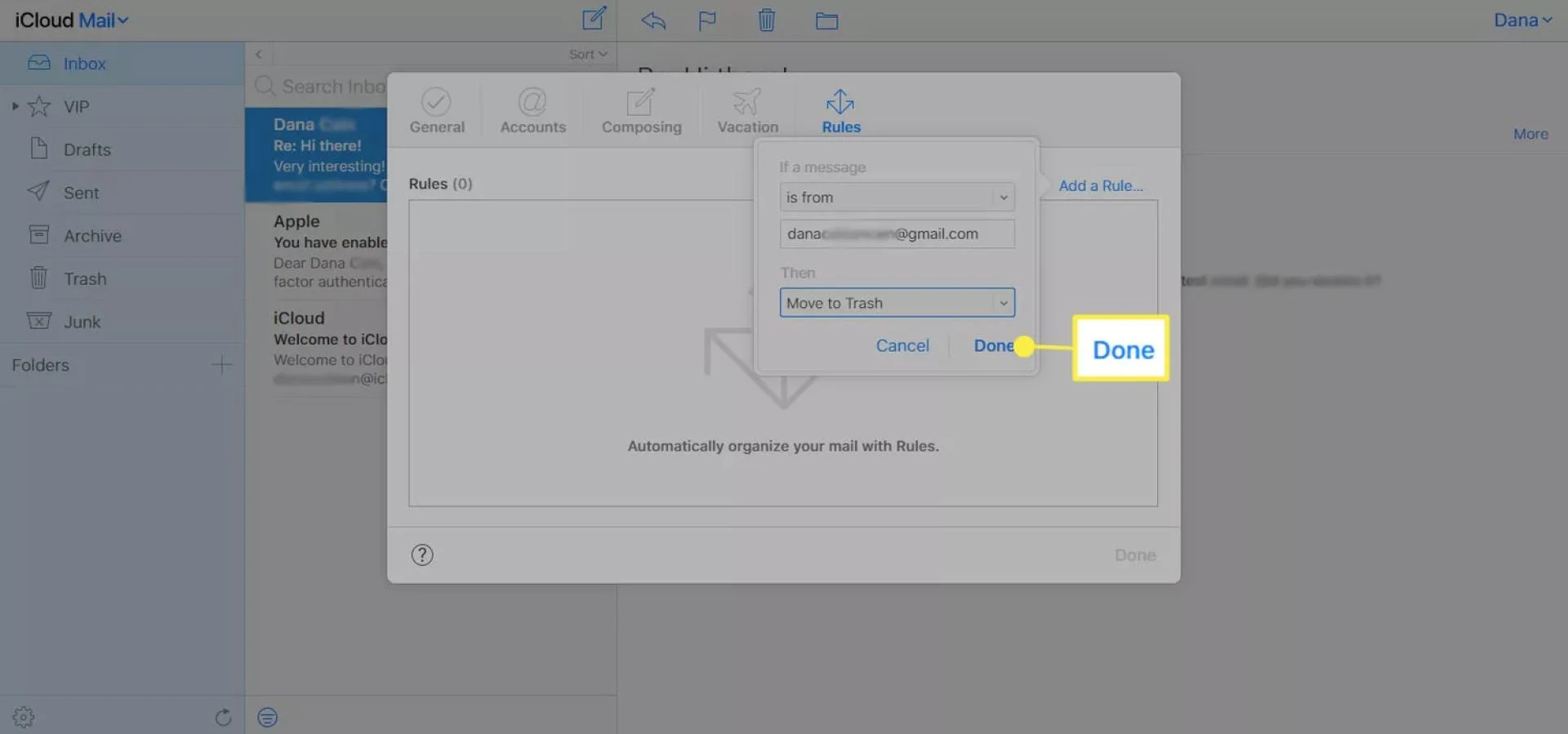 Selecting "Done" after adding a rule in iCloud Mail