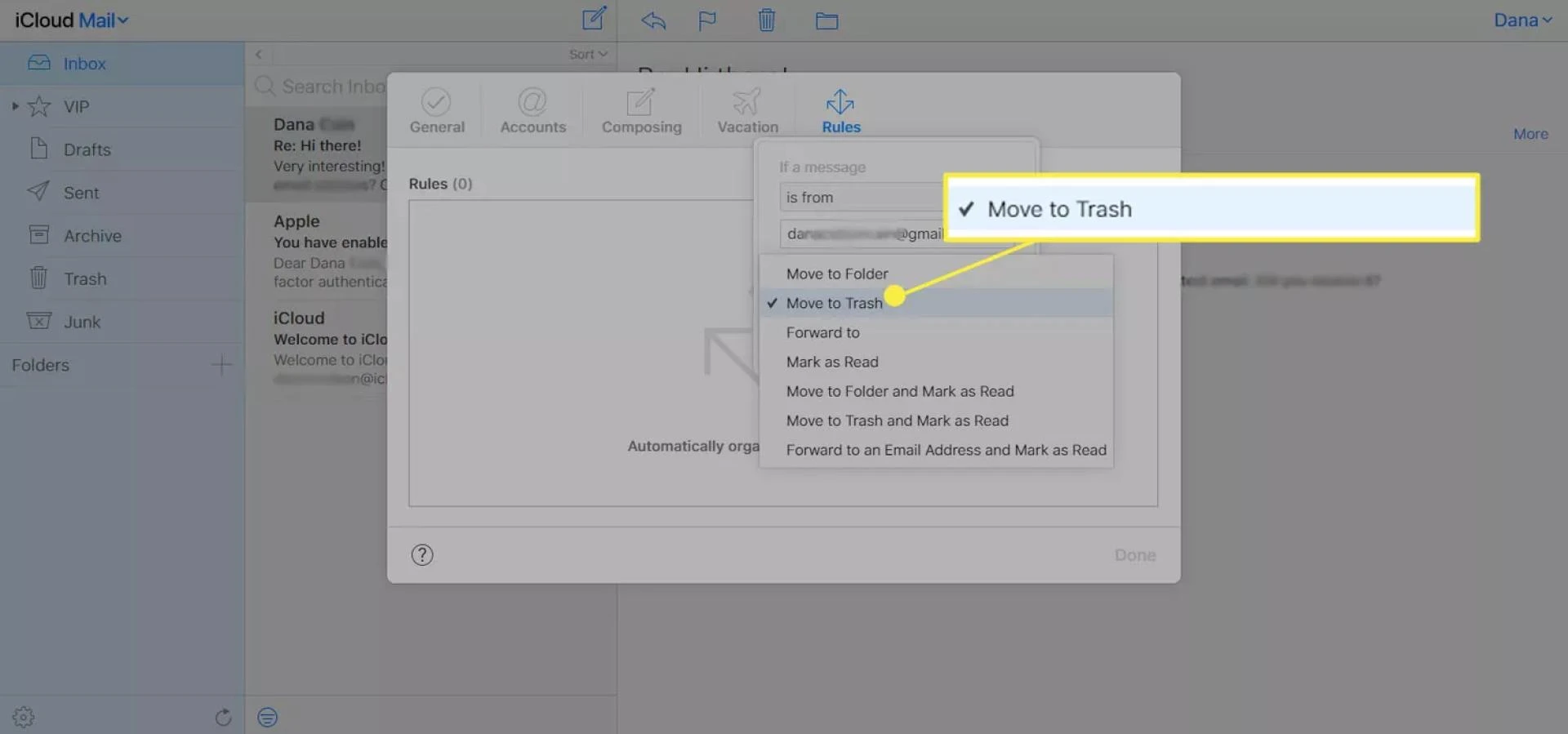 Selecting "Move to Trash" in iCloud Mail