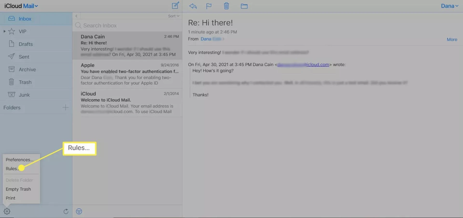 Selecting "Rules" in the lower-left corner in iCloud Mail
