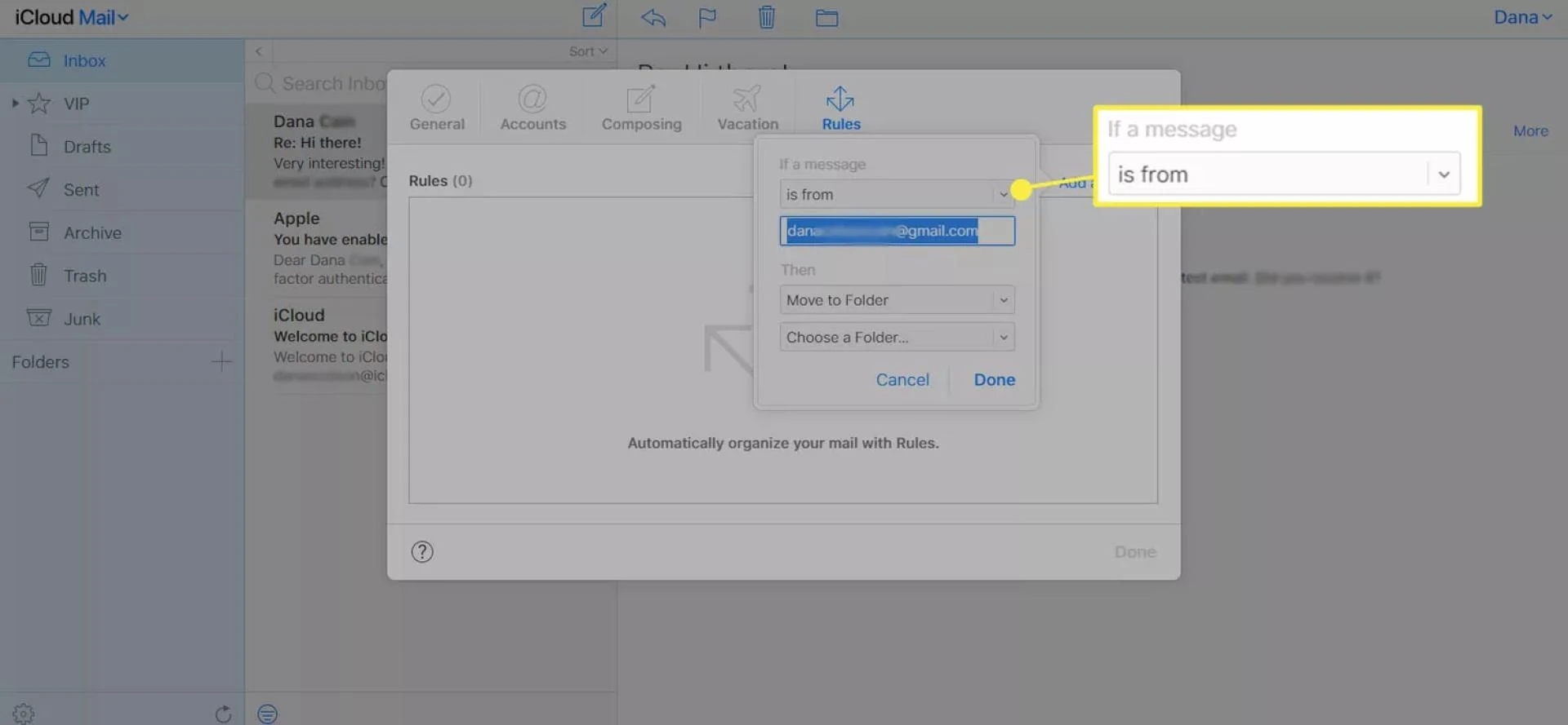 Selecting "is from" in drop-down menu under "If a message"