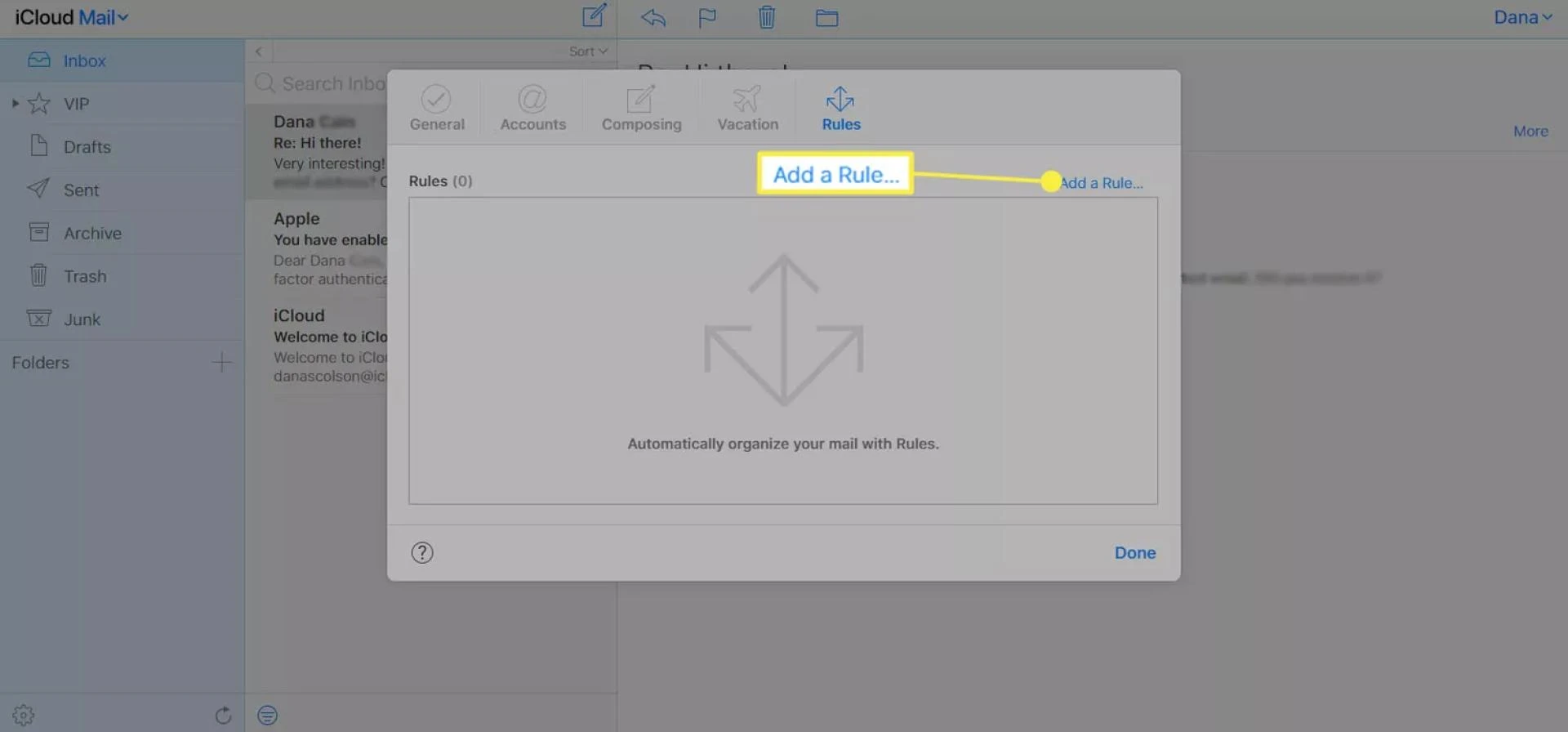 Selecting "Add a Rule" in iCloud Mail