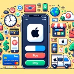 Vector image of a smartphone with an open payment page in an online store. In the foreground is the Apple Pay icon surrounded by animated lines symbolizing the payment process.