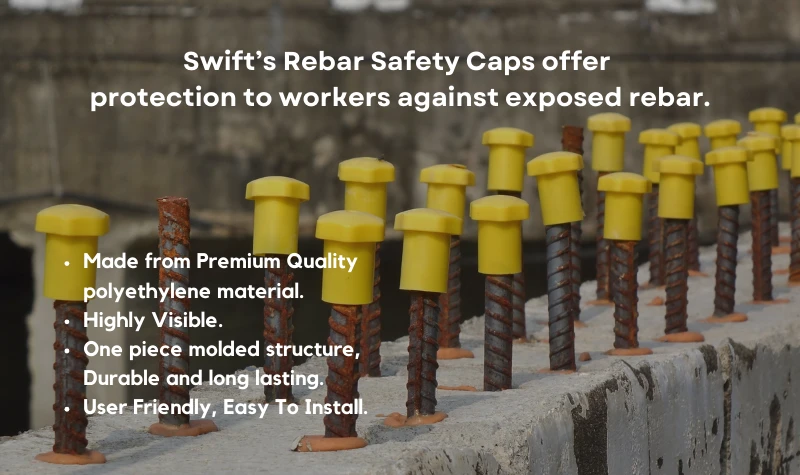 Swift\'s Rebar Safety Caps protect workers from impaling on rebar at the site.