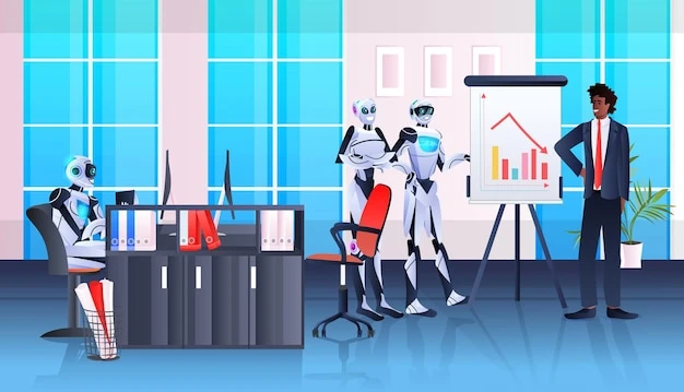 robots with african american businessman analyzing financial statistics data on flip chart artificial intelligence technology concept office interior horizontal full length 