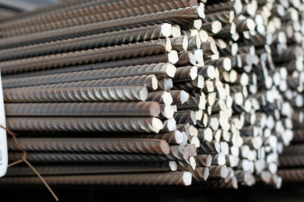 Building armature in the warehouse of metallurgical factory. Close-up of building armature.