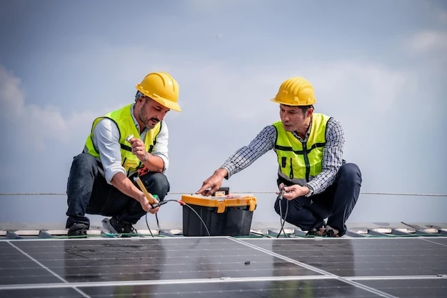 Engineers walking on roof inspect check and Maintenace solar cell panel by hold blue print solar cell is smart grid ecology energy sunlight alternative power factory concept