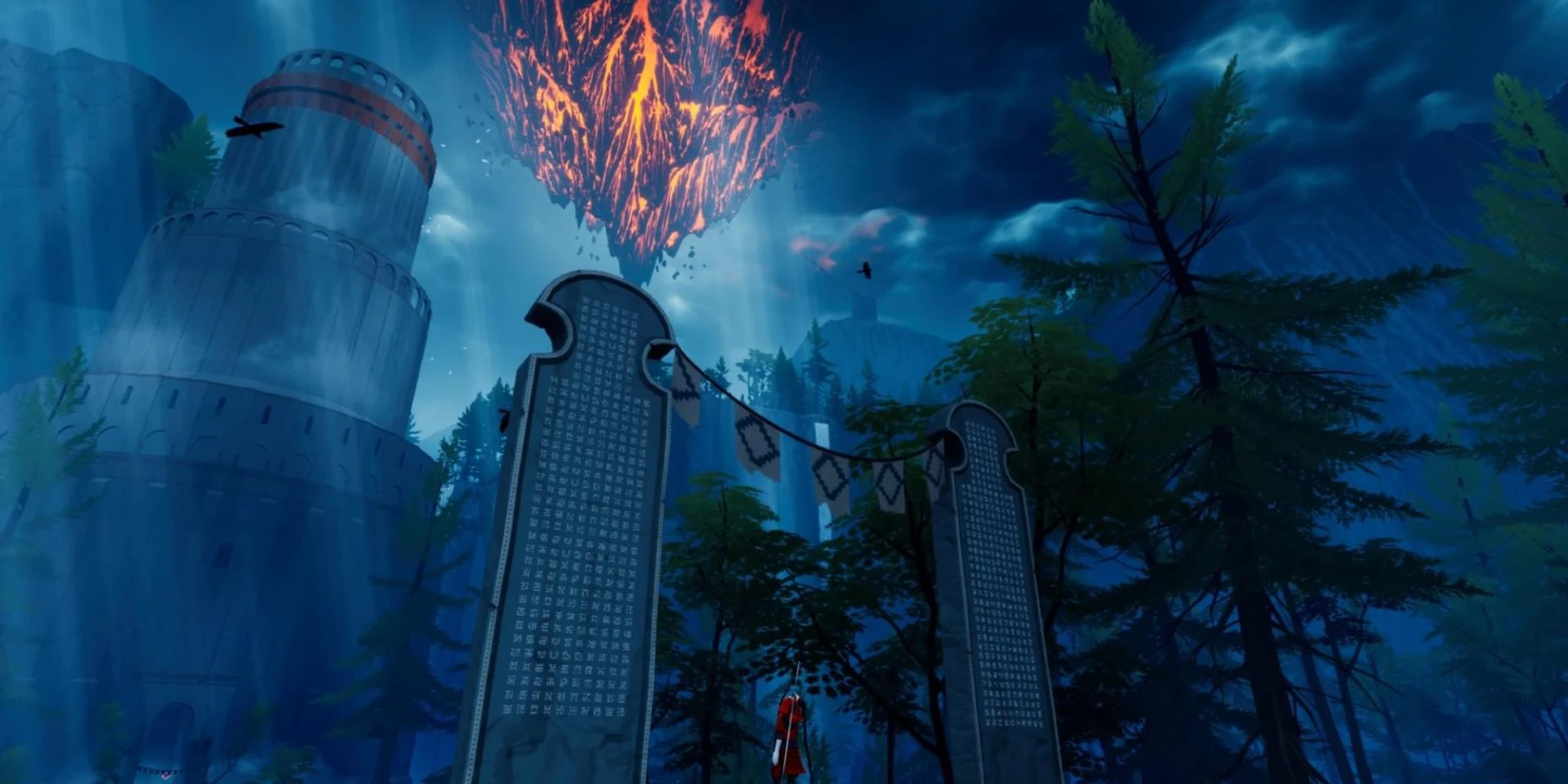The Pathless the Hunter stood in front of two tall stone tablets with a looming tower on top of a mountain on the left and a floating volcanic island in the middle