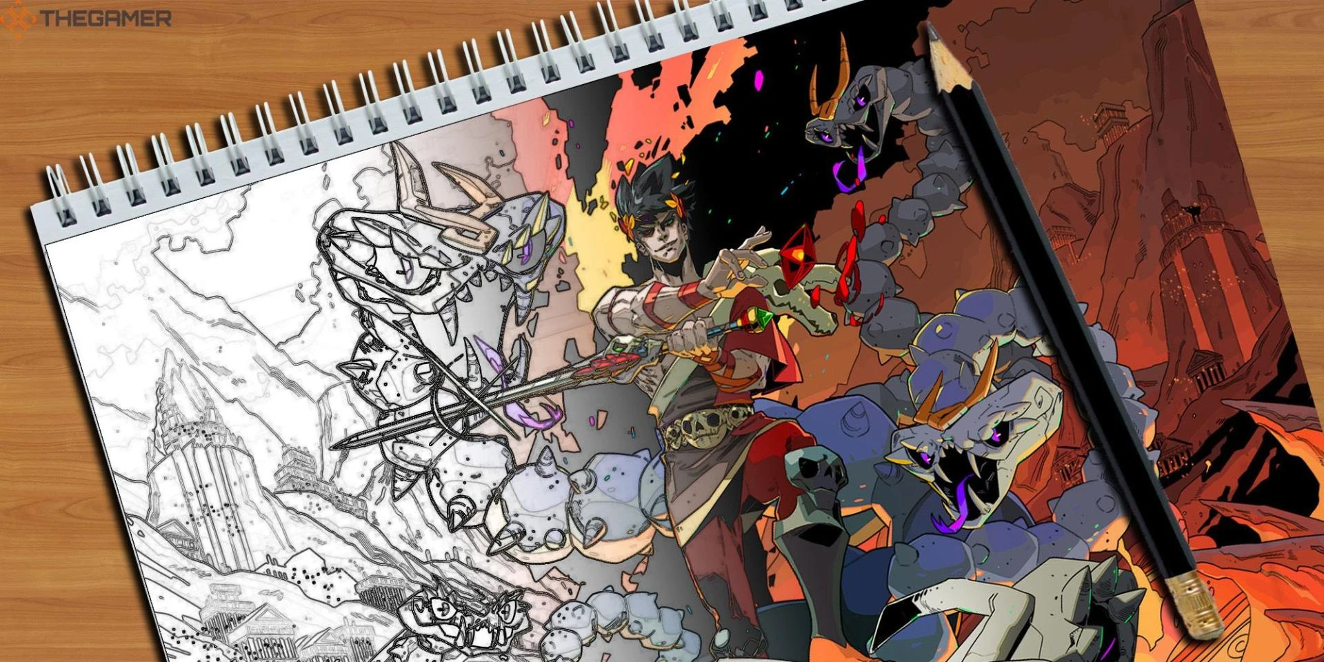 An illustration from the game Hades transforms from a black and white tracing to a colorful image in an artist\'s sketchbook. Feature image for TG.