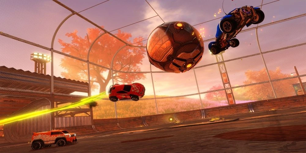 Farmstead Cars Flying After Ball in Rocket League Arena