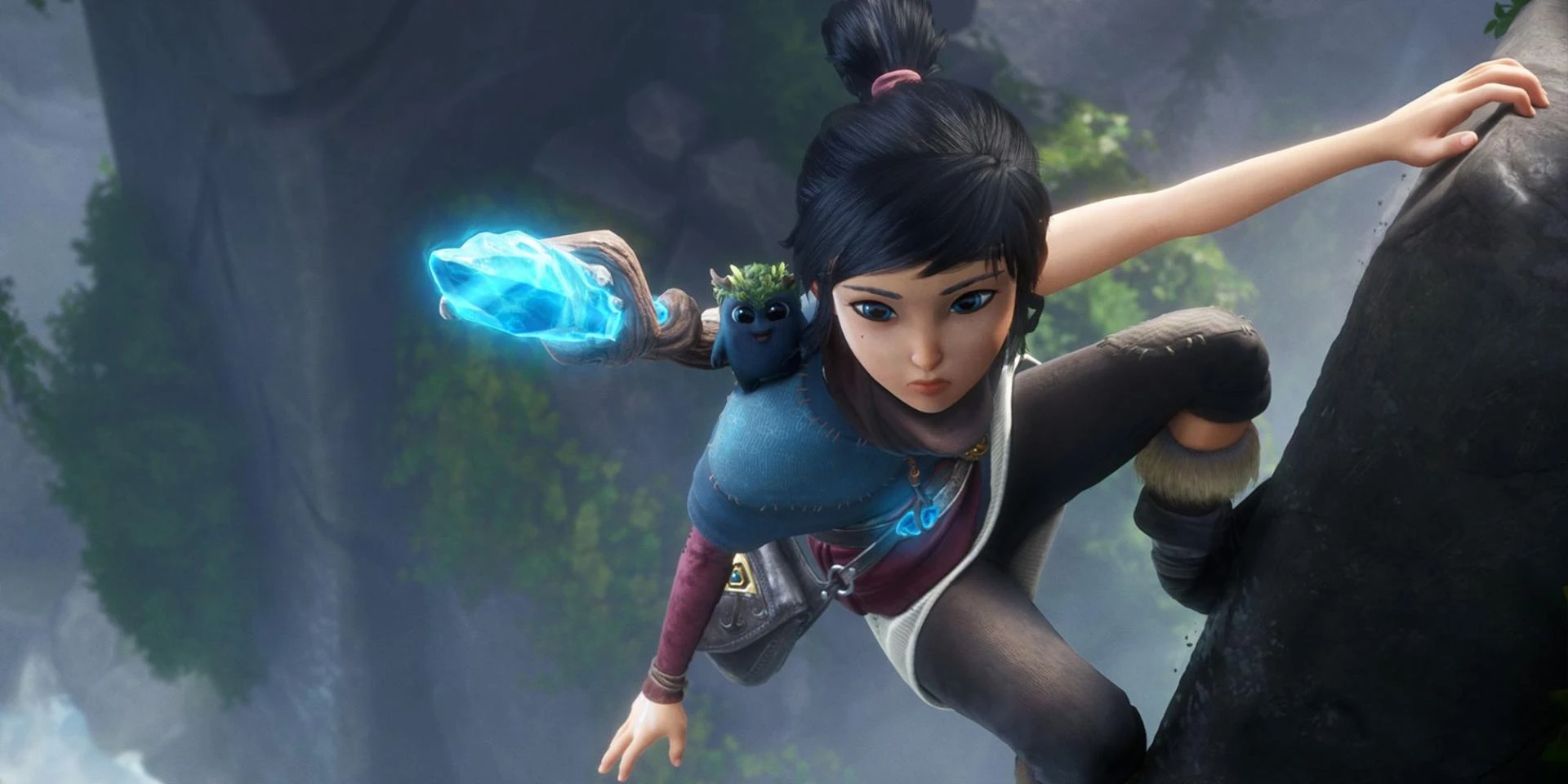 Kena hanging onto a mountain as she observes something in Kena: Bridge Of Spirits