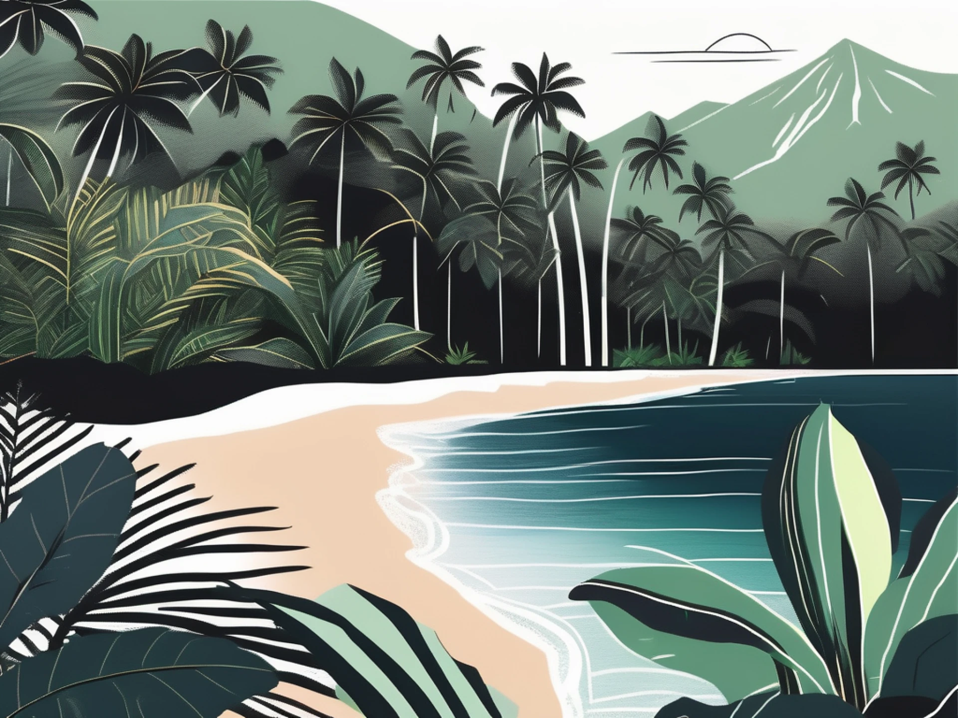 a serene Dominica beach scene, featuring crystal-clear waters, lush tropical vegetation, and unique volcanic black sand, hand-drawn abstract illustration for a company blog, white background, professional, minimalist, clean lines, faded colors