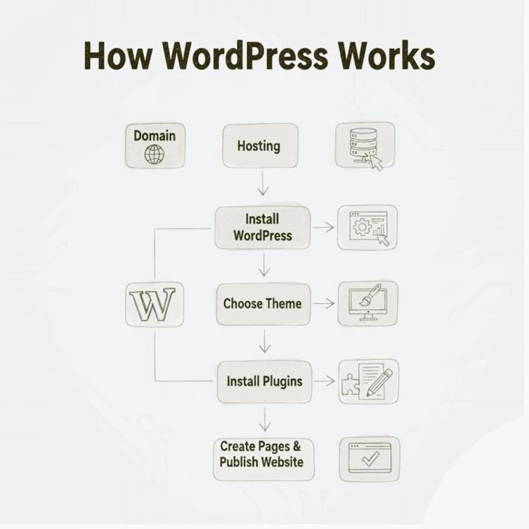 Flowchart showing how WordPress works, from domain and hosting setup to installing WordPress, choosing themes, adding plugins, and publishing a website.