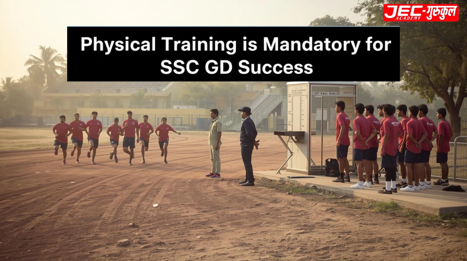 Indian SSC GD coaching students participating in outdoor physical training including running and chest-height measurement drills, guided by instructor, with headline text reading “Physical Training is Mandatory for SSC GD Success”