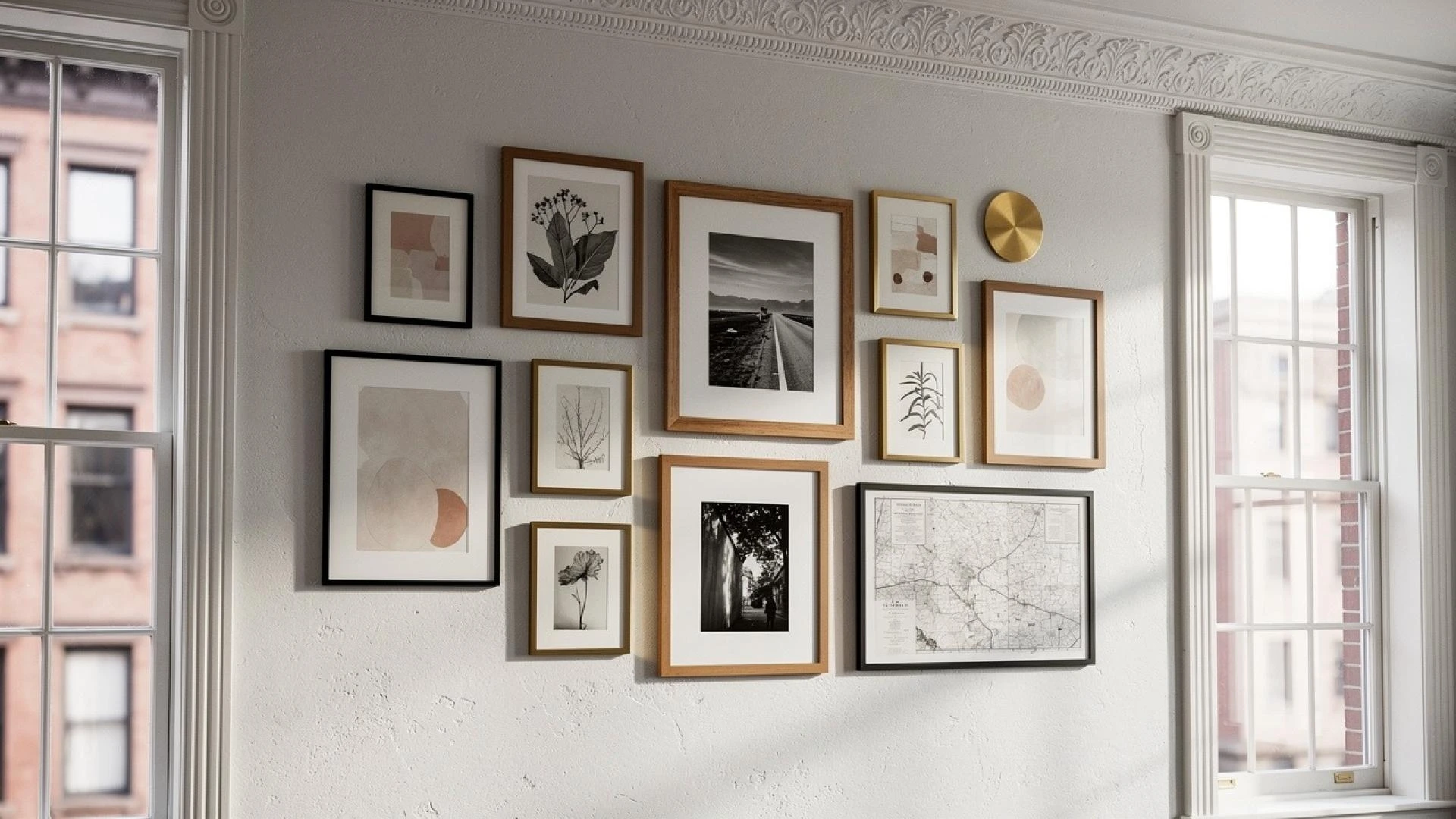 Curated gallery wall with mixed frames and artwork