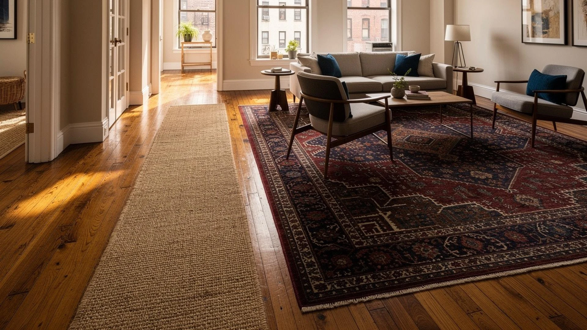 Multiple area rugs creating zones in open apartment