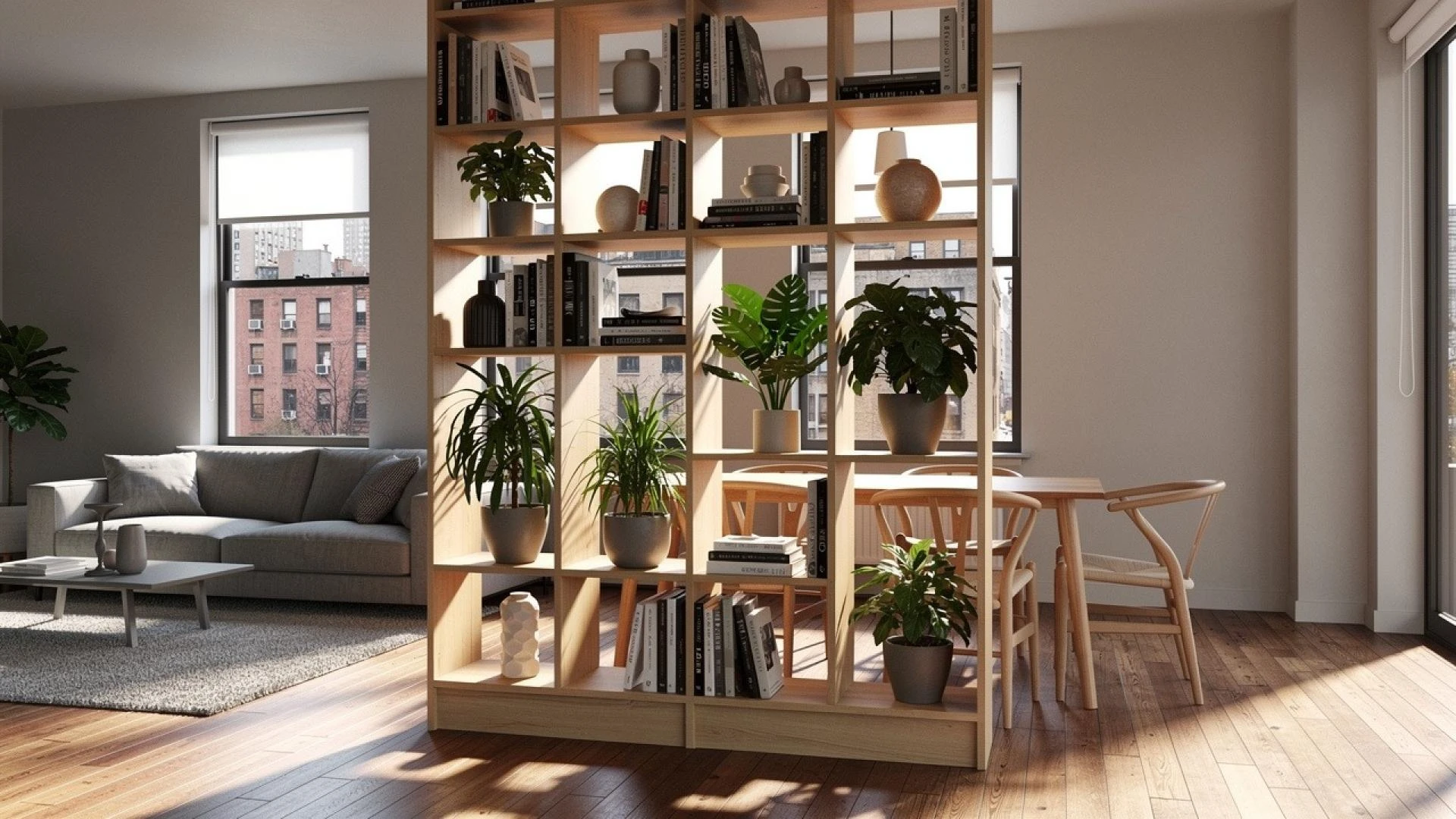 Open bookcase dividing living and dining spaces