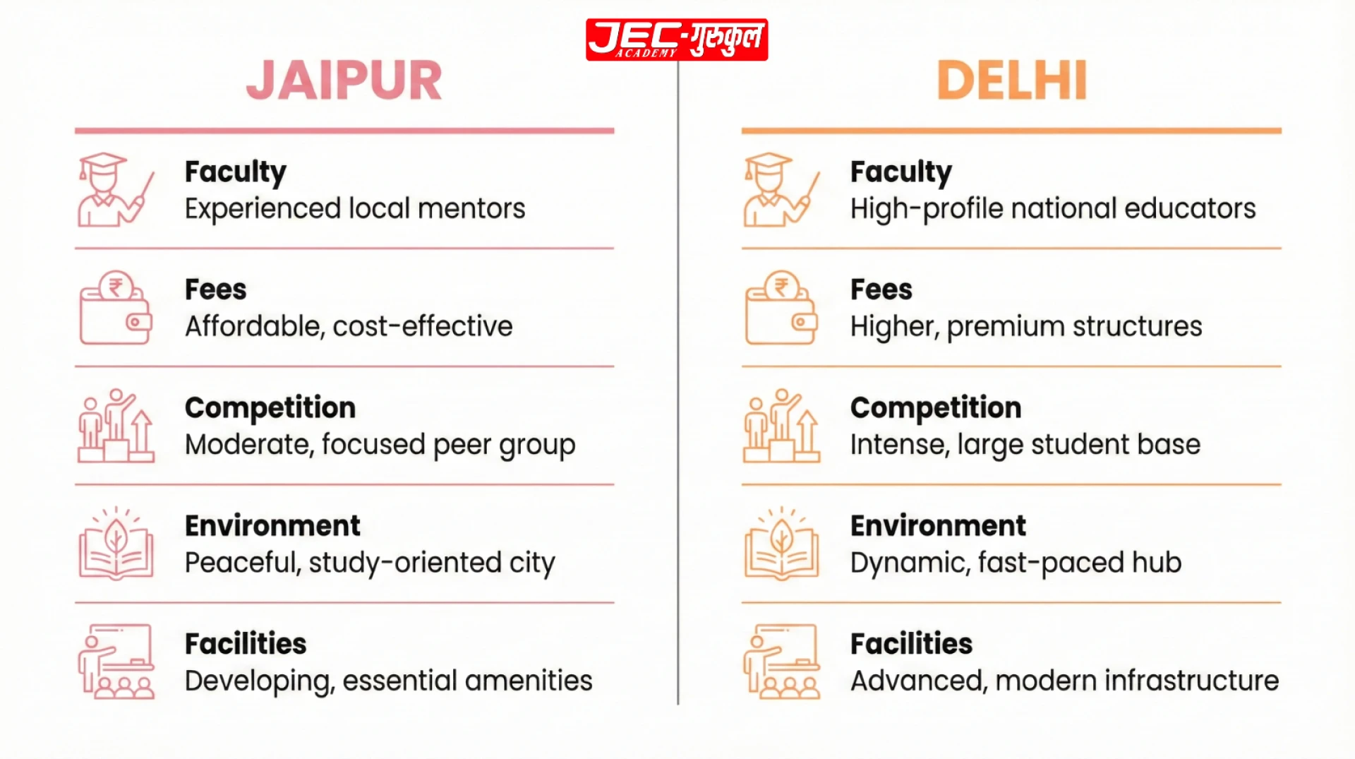 Infographic comparing SSC CGL coaching factors including faculty fees competition environment and facilities between Jaipur and Delhi