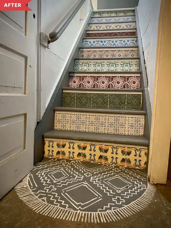 before-and-after:-a-$0-hack-gives-these-sad-stairs-a-colorful-boho-upgrade